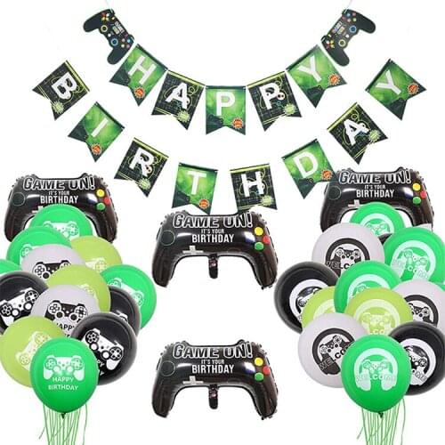 Childrens Party Supplies New Game on Green Video Game Birthday Party Set Banner Set Aluminum Film Balloon Pull Flag