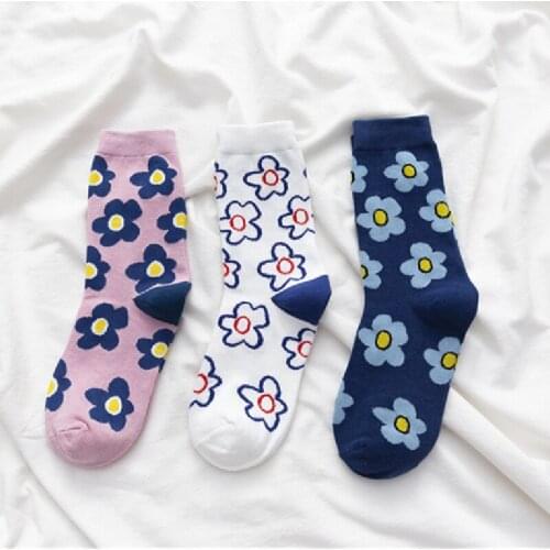 3 Pairs Pure Cotton Japan Flower Design Socks European Girls' Ancient Navy Pink White Mixed design Sock Ladies' Anti Odour Socks