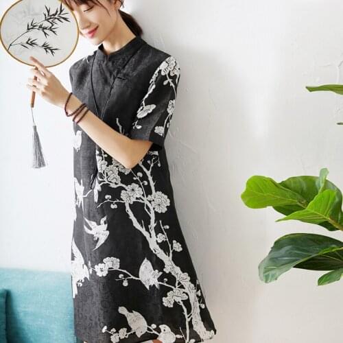Design New silk Cheongsam with Chinese style silk and hemp printing jacquard fabric