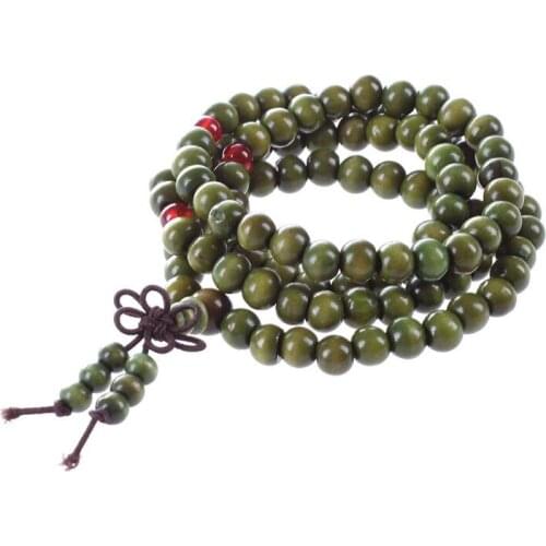 Olive Green Sandalwood Beads Buddha Buddhist Mala Stretch Necklace Rosary 29"