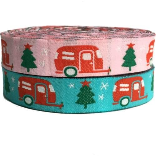 ZERZEEMOOY 5/8 Inch 16 mmx10yards Polyester Woven Jacquard Ribbon Blue And Pink Christmas Trees And Cars Dog Collar Cartoon