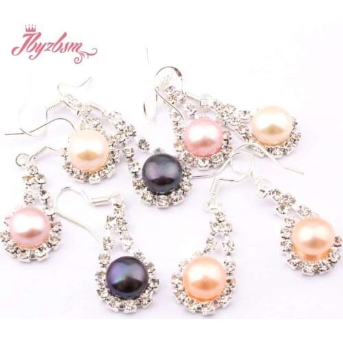 8mm Round Natural Freshwater Pearl CZ Crystal Tibetan Silver Dangle Hook Earrings Fashion Jewelry Women Gift, Free Shipping