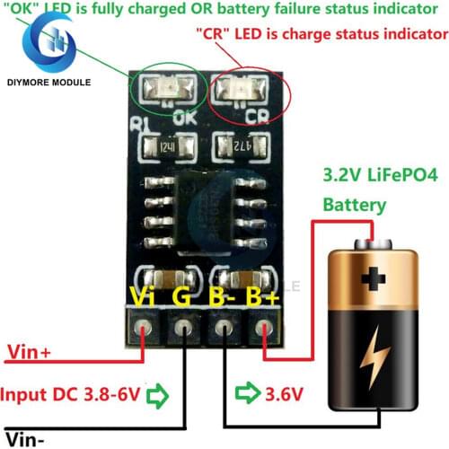 Dedicated 3.2V LiFePO4 Battery Charger Module 3.6V 1A CV/ CC wtih Overvoltage Protection Automatic Recharge Low-Power Sleep Mod