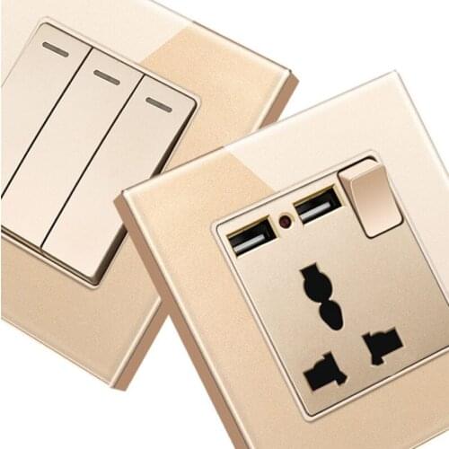 UK Standard Gold Glass Wall Switch Wall Socket 1Gang 2Gang 3Gang 4Gang 1Way 2Way TV Computer Doorbell CAT6 Computer Sockets