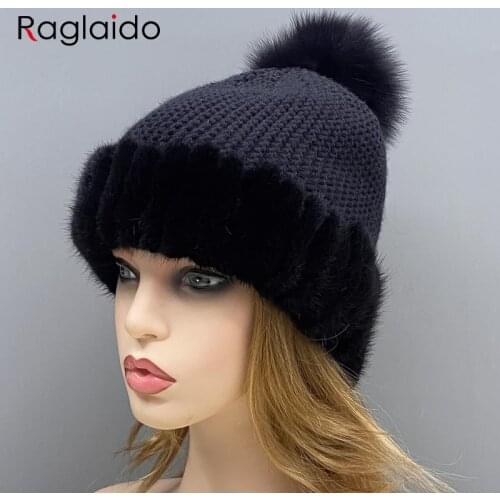 Knitted Fur Hat Women Winter Warm Natural Mink Fur Pompom Female Beanie Cap One Size Stylish Headwear