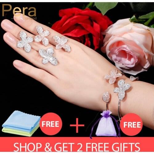 Pera High Quality Big Full Mirco Pave Cubic Zirconia Silver Color Open Cuff Bangle and Earring Women Prom Party Jewelry Set Z028