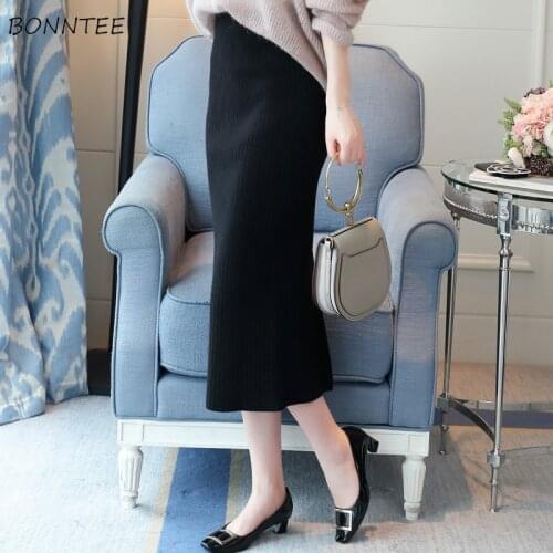 Skirts Women Slim Elegant Retro Solid Knitting Thicker Plus Velvet Warm Winter Ladies Skirt All-match Korean Style Womens Daily