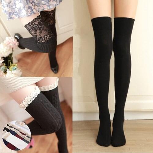Womens Socks Long Thigh High Over Knee Lace Striped Warm Stocking Female Cotton Long Stocking Medias Girl Ladies Sexy Stockings