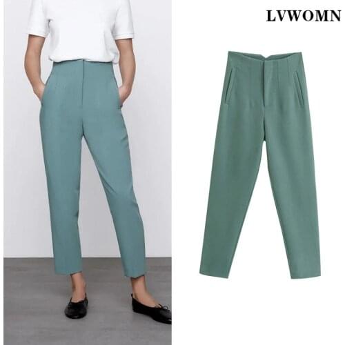 LVWOMN Za Woman Pants 2021 Spring Elegant Office Trousers Women High Waist With Pockets Chic Button Hip Long Trouser Streetwear