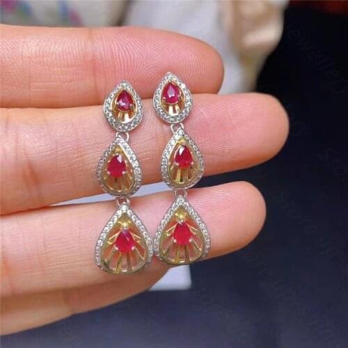 Womens 925 Silver Earrings Natural Ruby Earrings Two-color Plating Process snowflakeDesign Small and Cute
