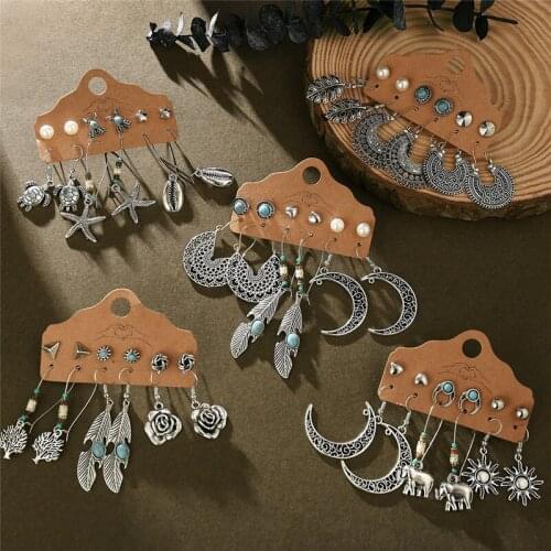 Boho Moon Earrings For Women Vintage Retro Feather Sun Dangle Earring Set 2020 Fashion Ethnic Earrings Jewelry