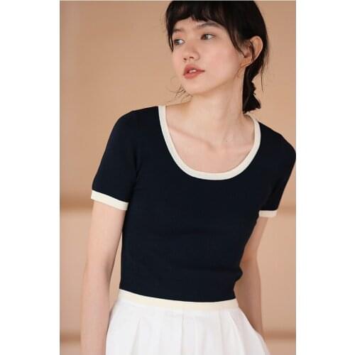 21 summer new stretch slim short contrast striped basic short sleeve T-shirt 0625-7