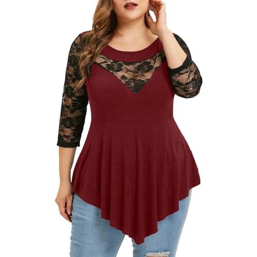 40#рубашка женская Blouse Plus Size 5XL Floral Lace Hollow Out Sexy Tunic Women Summer Tops Ladies Ruffles Irregular Blusas