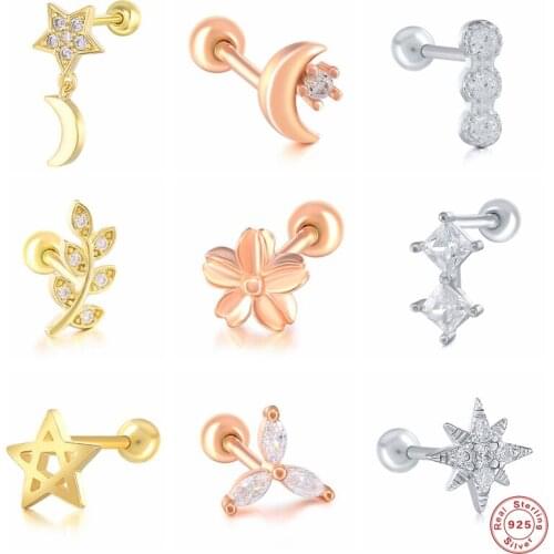 Aide 925 Sterling Silver Cubic Zirconia Jeweled Diamond Stud Earrings For Women Leaf Branch Moon Star Flower Piercing Ear Stud