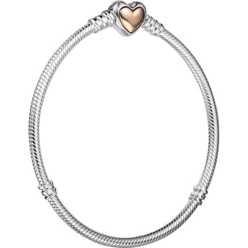 Domed Golden Heart Clasp Snake Chain Fits 925 Silver Charms & Beads Woman DIY Fashion Jewelry Making Sterling Silver Bangle