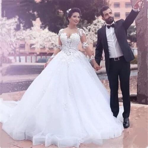 Elegant Illusion Bodice Ball Gown Wedding Dress Vintage Poet Long Sleeve Princess Lace Appliqued Bridal Gowns Plus Size