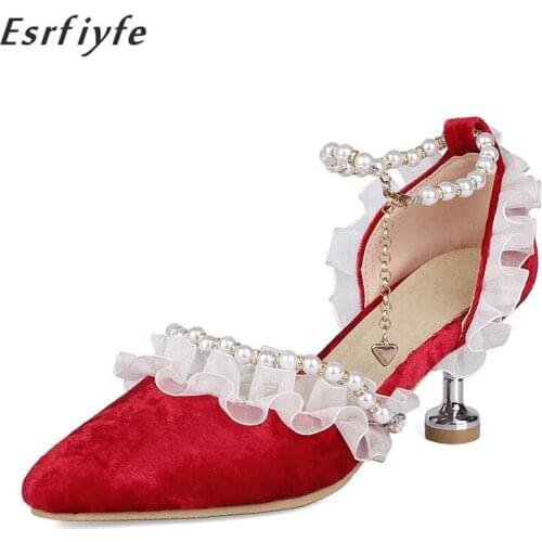ESRFIYFE 2021 New Arrive Women Sandals Summer Sweet Large Size 14 High Heel Buckle Beads Sandals Pointed Toe Flock Shoes Woman