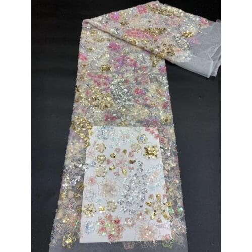 French Mesh Lace Fabric Sequin Beads Tube Flowers Tulle Embroidery Craft Sewing Design Wedding Dress 5 Yards Trimming Wholesale