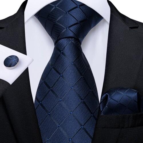 New 8cm Mens Silk Tie Dark Navy Blue Plaid Business Necktie Pocket Square Cufflinks Set Wedding Party Tie Set DiBanGu