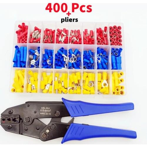 400pcs cold press terminal box assembly + pliers fast and insulated cable connector, wire connection crimping spade O-fork type