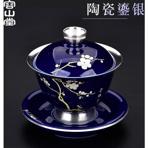 RongShan hall gode ceramic coppering.as silver tureen large manual ji blue glaze three to bowl tea, kungfu tea set
