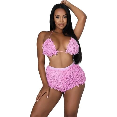 JRRY Sexy Women Faux Fur Two Pieces Set Halter Backless Furry Cropped Jacket Spaghetti Strap Fluffy 2 Pieces Set Outdoor Wear