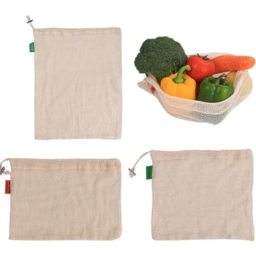 Reusable Mesh Fruit Vegetable Bags Storage Cotton Bags Washable Drainer Pouch with Drawstring Shopping Bag for Kitchen Organizer