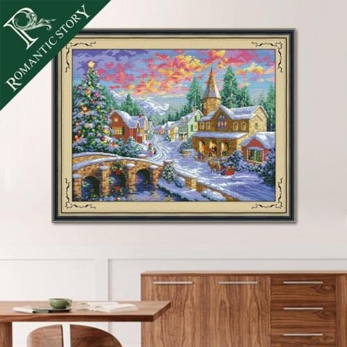 Romantic Story Cross Stitch Kit Handmade Needlework DMC Cross-Stitch Sets Embroidery Winter Christmas Village Scenic Painting