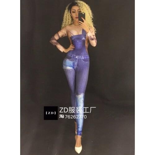 2020 Womens NEW 3D Printed Denim Bib Shorts Sexy Bodysuit Nightclub Bar Sexy Dance Costume Party Celebration Birthday