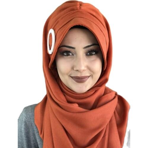 New Fashion Women 2021 Muslim set Hijab Islamic Turban Womens Hat Scarf Beanie Grass Dark Orange Color Buckle Ready Hat Shawl