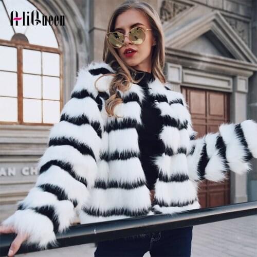 2019 New Women Faux Fur Coat Elegant Striped Autumn Winter Female Jackets Coats Streetwear Fashion Ladies High Qualit Warm Coaty
