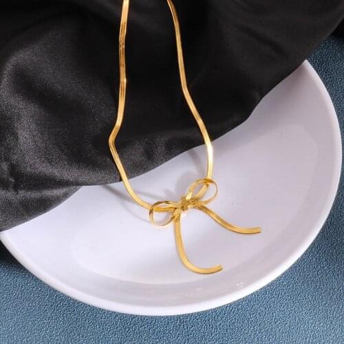 Rose gold titanium steel necklace, Snake chain bowknot collarbone necklace, Do not fade