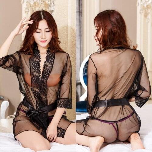 Sexy Women Lace Night Dress Dropshipping 2021 Sleepwear Nightgown Bandage Deep V G-String See Through Sheer Valentines Day