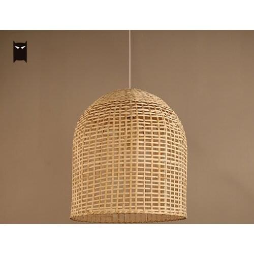 Bamboo Wicker Rattan Woven Cask Shade Pendant Light Fixutre Rustic Vintage Hanging Ceilign Lamp Luminaire Foyer Bed Dining Room