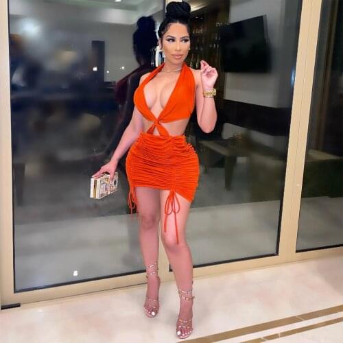 Waist Band Cut Out Summer Ruched Drawstring Dress Women Sexy Halter Backless Package Hip Dress Sexy Pleated Party Club Dresses