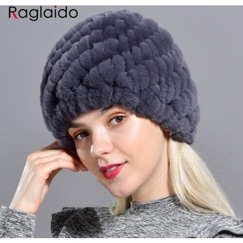 Raglaido Rabbit winter fur hat for Women Russian Real Fur Knitted Cap headgea Winter Warm Beanie Hats 2019 fashion brand LQ11279