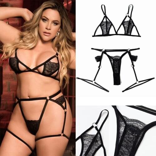 Sexy Underwear Lace Babydoll 2 Piece Plus size Set Womens Bra Black Bra Sexy Suit Hollow BraTransparent Lace Sexy Bra Set
