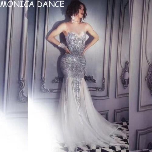 Sexy Crystals Mermaid Mesh Rhinestone Dress Women Birthday Party Club Stage Drag Queen Wedding Designer Runway Luxury Dress