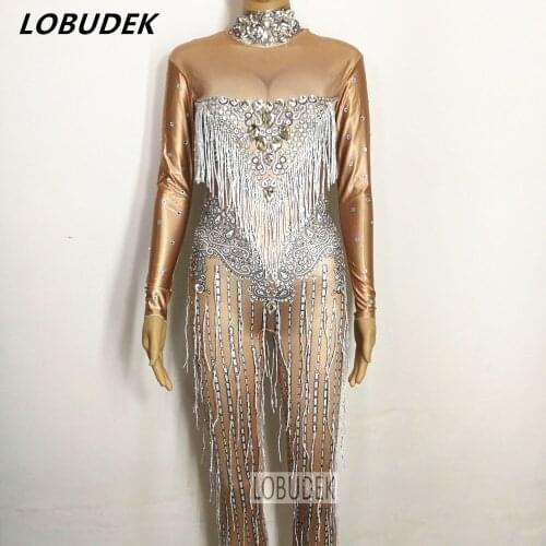 Crystals Tassels sexy Jumpsuits Female stage costumes performance DJ DS Leotard Singer show Nightclub Bar Pole dancing Costumes