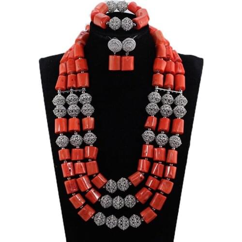 High Quality Coral and Silver Women Bridal Jewelry Set 25inches Coral Nigerian Wedding Necklace Set CNR039