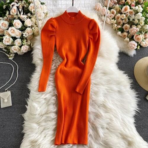 YuooMuoo 2020 Autumn Winter Women Knitted Sweater Dress Slim Long Puff Sleeve Elegant Pencil Dress Sheath Ladies Bodycon Dress