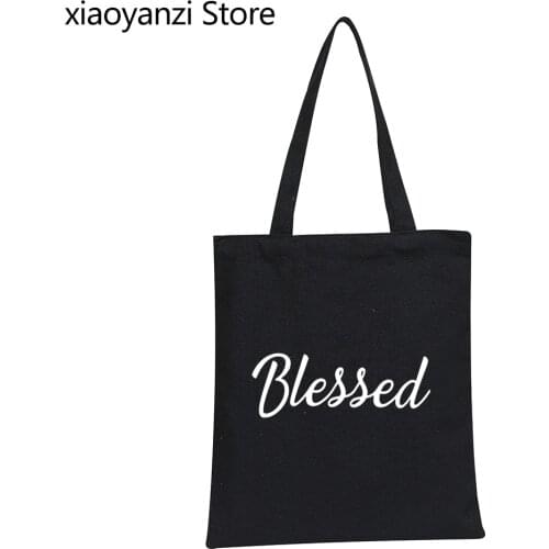 Blessed Letters Print Women Eco Reusable Shopping Bag Cute Tote Casual Shoulder Bag For Lady Girl Student Books Bags SL-212