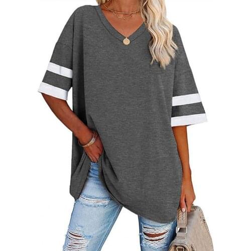 Female T-shirt Half Sleeve V-neck Cool Color Block Thin Loose Shrink Resistant Tee Top Pullover T-shirt Women 2021