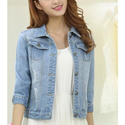 Women Plus Size Cropped Jean Jacket Light Blue Bomber Short Denim Jakcets Jaqueta Casual Ripped Jeans Coat 3/4 Sleeve S-5XL B61