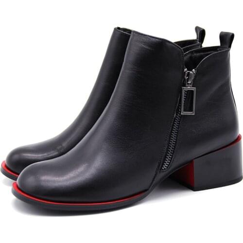 2020 Winter New Square Heel Round Toe Women Genuine Leather Buckle Ankle Boots Kitten Heel Oxford Boots Side Zipper Casual Shoes