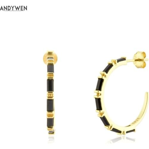 ANDYWEN New 925 Sterling Silver Gold Luxury Black Zircon Hoops Earring Piercing Clips Round Criollas LUCILLE Women Pendientes