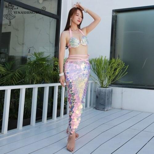 Belly Dance Clothes Mermaid Sequin Sexy Lady Long Dress Set Sequin Womens Oriental Belly Dance Costumes Dancing Bra+Skirt Suit
