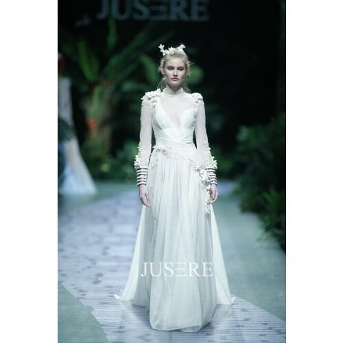 JUSERE FASHION SHOW Unique Design High Neck Bridal Gown 3D Floral Chiffon bridal gown Real Photos robe de soiree