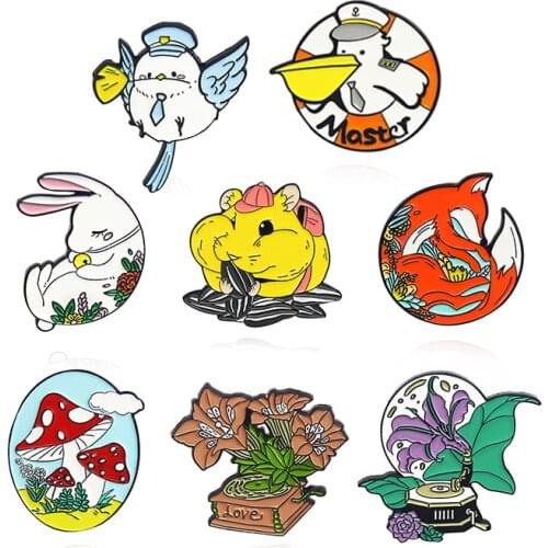 Rabbit fox bird chipmunk seabird Enamel Brooch Animal plant Mushroom Flower Lapel Pin Crystal ball Trumpet Music Box badge
