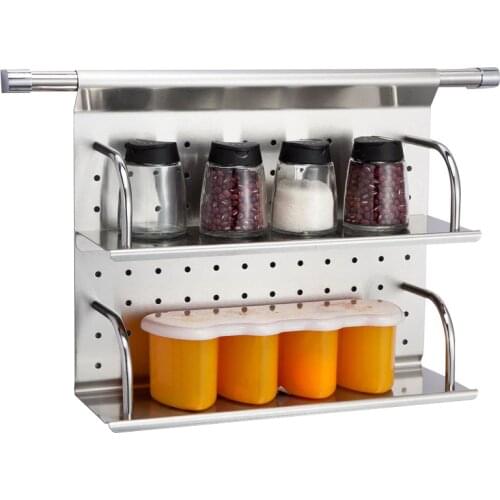 2 Tier Stainless Steel Wall Mounted Punch Kitchen Storage Rack for Spice Jars Bottle Seasoning Boxes Organizer Container